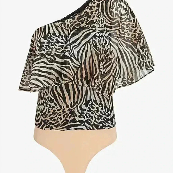 EXPRESS Rachel Zoe Women’s Zebra Animal Draped One Shoulder Night Out Bodysuit M - Picture 4 of 6